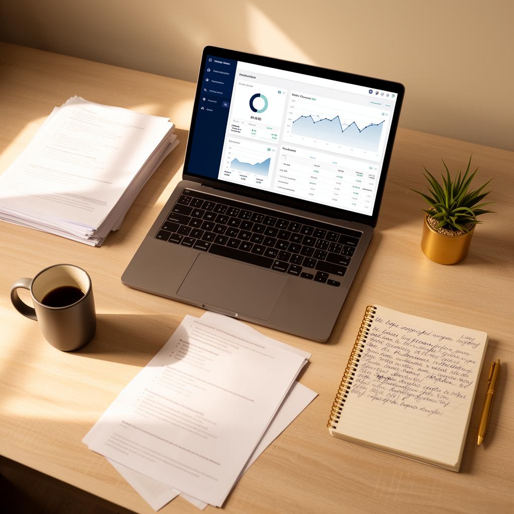 Small business workspace with financial dashboards, bookkeeping documents, and planning notebook for Pinstripe Business Services