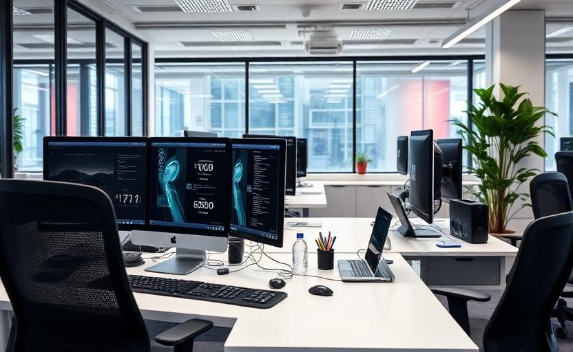 Professional business workspace with modern technology